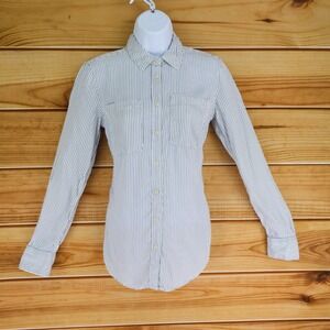 Merona Long Sleeve Button Up Shirt Womens XS White Blue Striped Pockets Collared